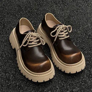 Men’s Height Increasing Platform Thick Sole Lace-Up Round Toe Fashion Shoes with Cow Leather Upper and Rubber Outsole