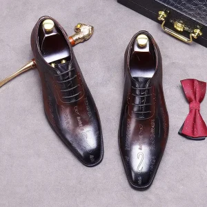 Men’s Italian Style Formal Genuine Leather Lace up Handmade Party Oxford Shoes Pointed Toe Breathable Anti Slip Lightweight
