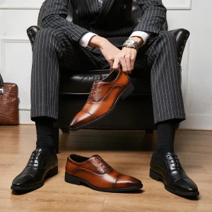 Men’s Japanese Style Leather Shoes Three-Joint Soft Sole Oxford Lace-Up Breathable Pointed Toe Formal Business Shoes Hidden