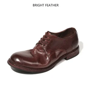 Men’s Lace Up Solid Genuine Leather Shoes Breathable Winter Handmade Horsehide Leather Soles Business Casual Derby