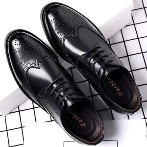 Men’s Lace Up Wingtip Genuine Leather Shoes Autumn Business Formal Brogue Carved British Casual Breathable Groom Wedding Shoes