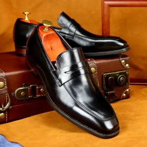 Men’s Leather Loafers Classic Genuine Cowhide Office Wedding Shoes Vintage Brown Black