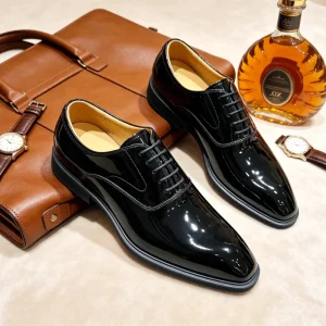Men’s Leather Oxford Shoes Black High Gloss Formal Dress Shoes for Tuxedo Wedding Office New