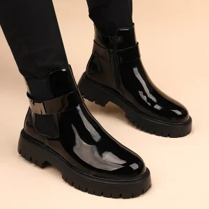 Men’s Leather Pointed Casual Black Raised Thick Soled Motorcycle Short Boots Men’s Shoes