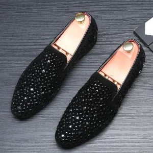 Men’s Leather Shoes with British Style Pointed Rhinestone Sequins Fashionable Nightclub Shoes Wedding Hairstylist