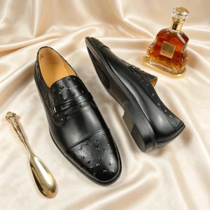 Men’s Loafers Genuine Leather Ostrich Pattern Slip-on Shoes Black Casual Business Formal Shoes with Buckle