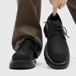 Men’s Matte Black Dress Shoes Chunky Sole Platform Derby Shoes Lace up Round Toe British Style Casual Formal Oxford Shoes