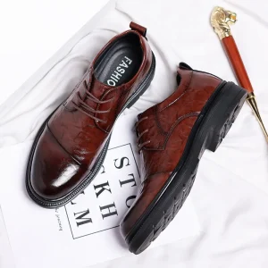 Men’s Office Loafers Embroidered Pointed Toe Two-layer Cowhide Mesh Lining EVA Rubber Black Lightweight Lace-up HeBei Made