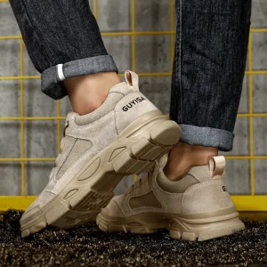 Men’s Platform Thick Sole Safety Work Shoes Steel Toe Boots Anti Smash Anti Puncture Suede Fly Knit Sneakers Construction