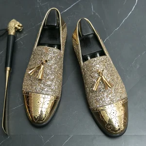 Men’s Pointed Gold Splicing Leather Shoes Club Leather Formal Shoes Tassel Wedding Party Shoes