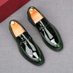 Men’s Pointed Patent Slip On Business Loafers Solid Pattern Summer Shoes with Interior and Elevated Heel