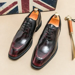 Men’s Polished Gradient Dress Shoes Lace-Up Formal Footwear Wingtip Perforated Detailing Glossy Upper Classic