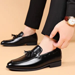 Men’s Pu Leather Tassel Loafers Classic Brown Slip-on Business Shoes Handmade Moccasins for Men