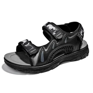 Men’s Sandals Outdoor Walking Hiking Beach Shoes Sport Cow Genuine Leather Hook & Loop Summer Breathable Handmade Covered Toe