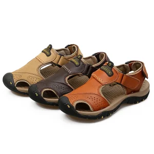 Men’s Sandals Outdoor Walking Hiking Beach Shoes Sport Fisherman Leather Slip-On Low-Top Summer Breathable Handmade Closed-Toe