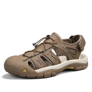 Men’s Sandals Outdoor Walking Hiking Beach Shoes Sport Leather Slip on Anti collision Toe Cap Lace up Handmade Covered Toe