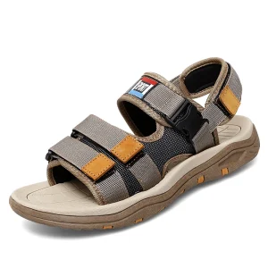 Men’s Sandals Outdoor Walking Hiking Beach Shoes Sport Webbing Mesh Fabric Hook & Loop Slip on Low top Handmade Open toe Casual
