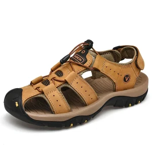Men’s Sandals Outside Walking Hiking Beach Shoes Sport Fisherman Leather Slip on Low top Summer Breathable Handmade Closed toe