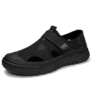 Men’s Sandals Walking Hiking Beach Shoes Fisherman Shoes Sport Slip on Hook & Loop Hollow Out Air Hole Mesh Handmade Covered Toe