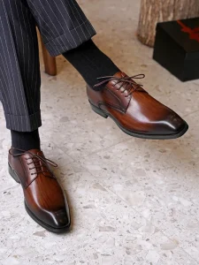 Men’s Shoes Fashionable Vintage Distressed Square Toe Lace-up PU Leather Anti-Slippery with Wood Grain Pattern Office & Career