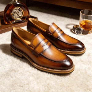 Men’s Slip-On Dress Shoes with Thick Sole Genuine Cow Leather Formal Business Dress Shoes Penny Loafers
