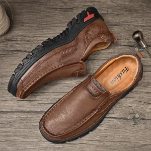 Men’s Slip On Loafers Genuine Leather Breathable Cushioned Lighted Embroidery Logo Big Size Walking Shoes Rubber