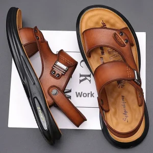 Men’s Slip-On Solid Sandals Summer Cowhide Beach Shoes Casual Outdoor Genuine Leather Extra Large Size 4748
