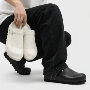 Men’s Smooth Leather Mule Shoes with T Strap Buckle Metal Rivet Detail Low Cut Toe Cap Chunky Cushioned Sole Comfortable Office