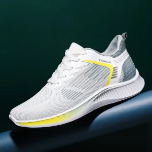 Men’s Sport Sneakers White Gray Yellow Color Block Breathable Stylish Casual Athletic Footwear