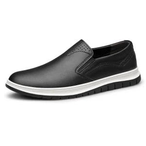 Men’s Sporty Casual Leather Shoes Lightweight Slip-on Round-toe Loafers with Breathable Lining