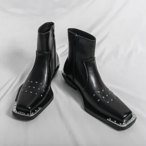 Men’s Square Toe High-heeled Chelsea Boots with Side Zipper PU Upper Rubber Outsole Anti-slip Casual Shoes