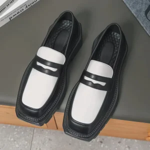 Men’s Stylish Black Genuine Leather High Top Loafers White Accents Comfortable Slip on Casual Shoes Spring Hard Wearing Everyday