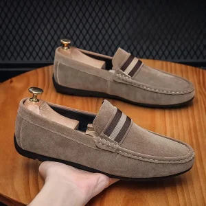Men’s Suede Loafers Khaki Color Striped Accent Stylish Casual & Business Footwear