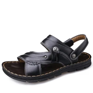 Men’s Summer Casual Beach Sandals and Slippers Steel Toe Cross Strap Thick Sole Leather Embossed Logo