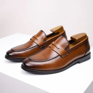 Men’s Summer Genuine Leather Penny Loafers British Casual Slip On Shoes in Black Large Size Business Style Breathable Feature