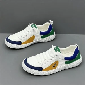 Men’s Summer Mesh Breathable Walking Shoes PU Leather Upper PVC Outsole Striped Checkered Pattern Sock Closure Low Top