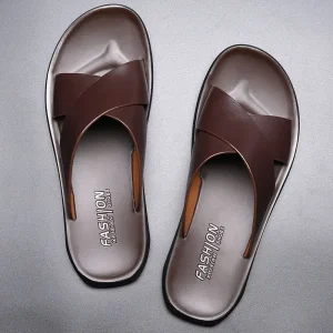 Men’s Summer Outdoor Wear Korean Style Genuine Leather Sandals Non Slip Slides Beach Shoes Barefoot Flat Design