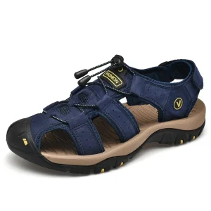 Men’s Summer Sandals Cow Closed Toe Beach Shoes for Walking Hiking Sports Handmade Low Top EVA Breathable Fisherman Friendly