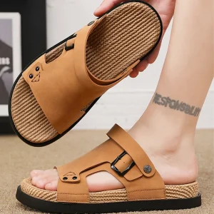 Men’s Summer Solid Thick-Soles Slip-On Open Toe Leisure Casual Indoor Outdoor Dual-Use Synthetic Flip-Flops Sandals