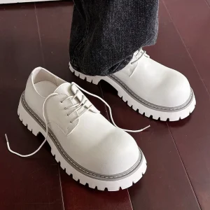 Men’s Thick Soled Height Increasing British Style Low Top Work Boots Microfiber White Shoes