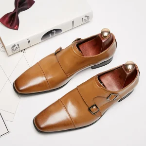 Men’s Trendy Office Dress Shoes Big Size Breathable Wedding Shoes with Big Monk Strap Style Leather Style