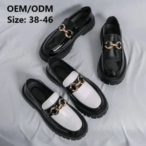 Men’s Two-Tone Solid PU Loafers Breathable Anti-Slip Chunky Platform Sole Gold Horsebit Ornament for Casual Daily Office Career