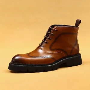 Men’s Work Boots Genuine Cow Leather Chelsea Ankle Boots Comfortable Lace Up for Autumn Winter
