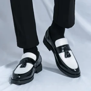 Men’s patent leather dress shoes casual fashion leather medium sole thick red rubber sole black and white style