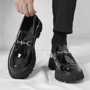 New Arrival Men’s Patent Leather Loafers Thick Sole Platform Shoes Round Toe Metal Casual Dress Shoes