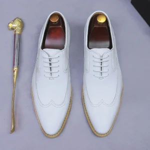 New British White Genuine Leather Men’s High Top Lace-up Oxford Shoes Handmade Casual Business Wedding Formal Pointed Toe