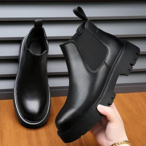 New Men’s Black Boots Fashion Casual Leather Ankle Boots with Thick Sole Comfortable for Daily Wear Work