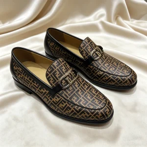 New Men’s Premium Brown FF Monogram Metal Buckle Leather Loafers Men’s Breathable Loafers Shoes Men’s Slip-On Shoes