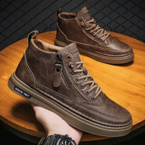 New PU Leather Lace up Zipper Black High Top Shoes Walking Working Men’s Walking Shoes Lightweight and Breathable