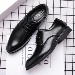 New Style Men’s Formal Business Shoes Fashion Trend Pointed PU Leather Shoes Formal Tie up Antiskid Men’s Wedding Shoes